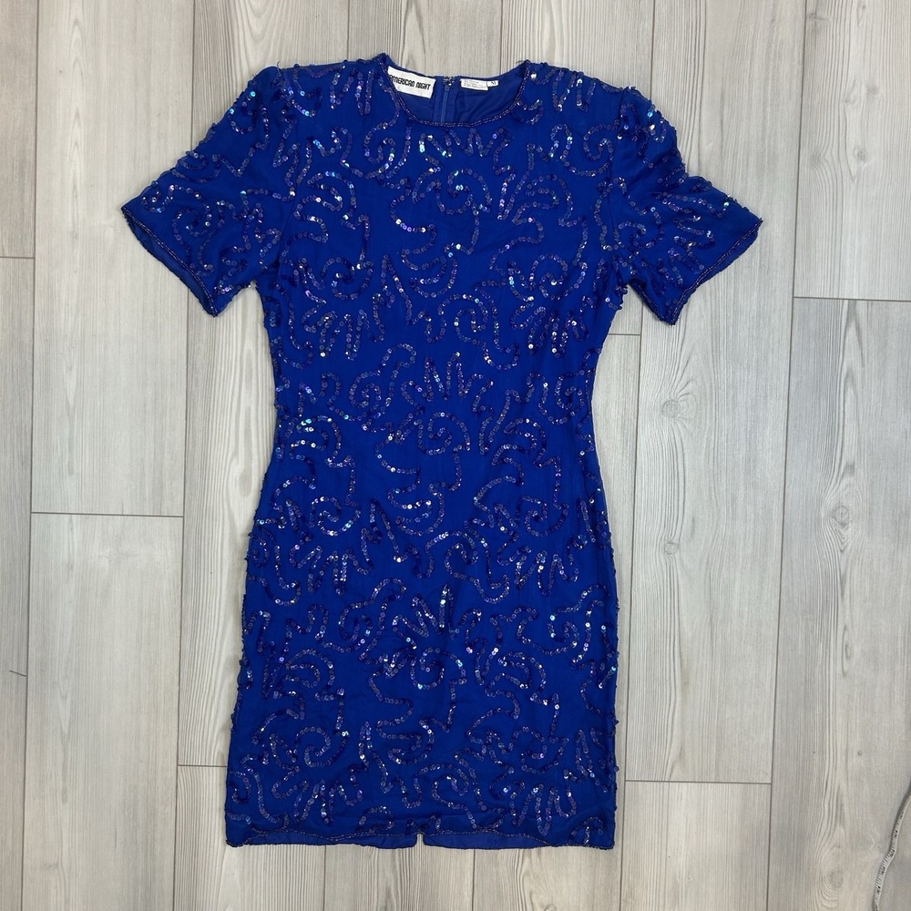 American Night Medium Royal Blue Silk Short Sleeve Dress With Sequins Lined